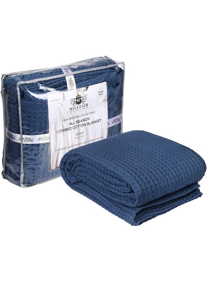 HILLFAIR 100% Combed Cotton Blanketâ€“ Queen Size Bed Blanketâ€“ Warm Soft All Season Breathable Lightweight Summer Blanketsâ€“ Waffle Weave Home Decor Bed Blanket- Navy Queen Bed Cotton Blankets/Bedcover - Image 1